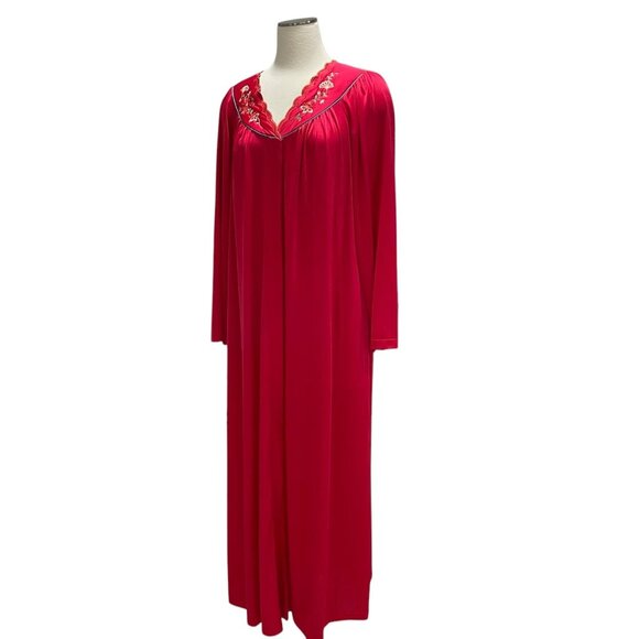 Vintage Red Embroidered Nightgown Floral Long Sleeve Maxi Lounge Elegant Glamour - Picture 8 of 8